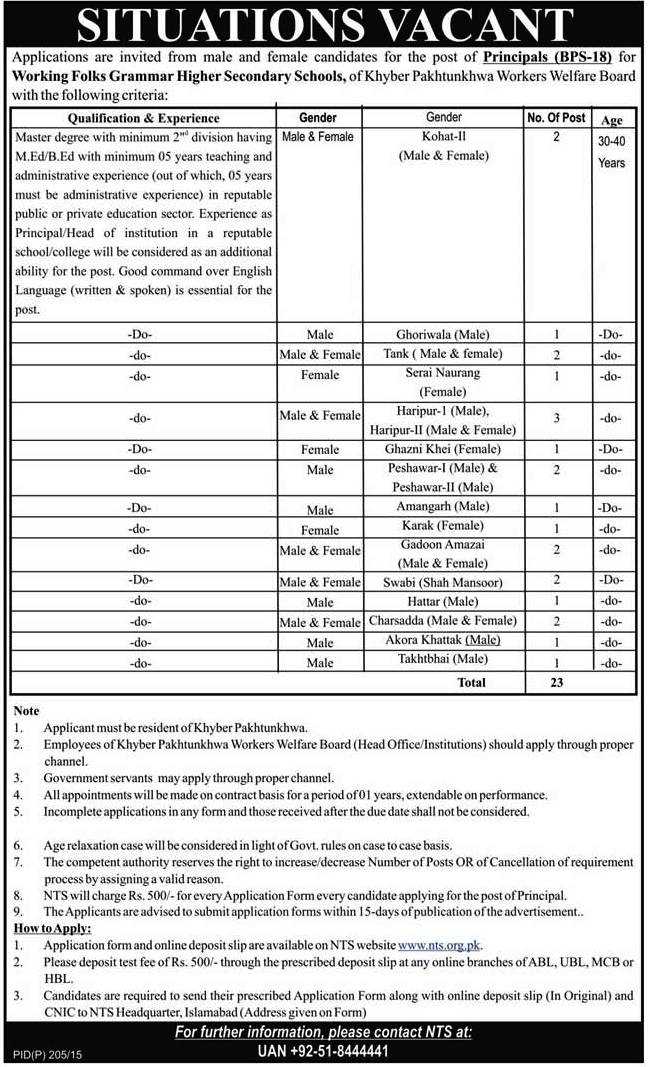 After KPK Workers Welfare Board Peshawar Jobs 2015 Online NTS Form ...