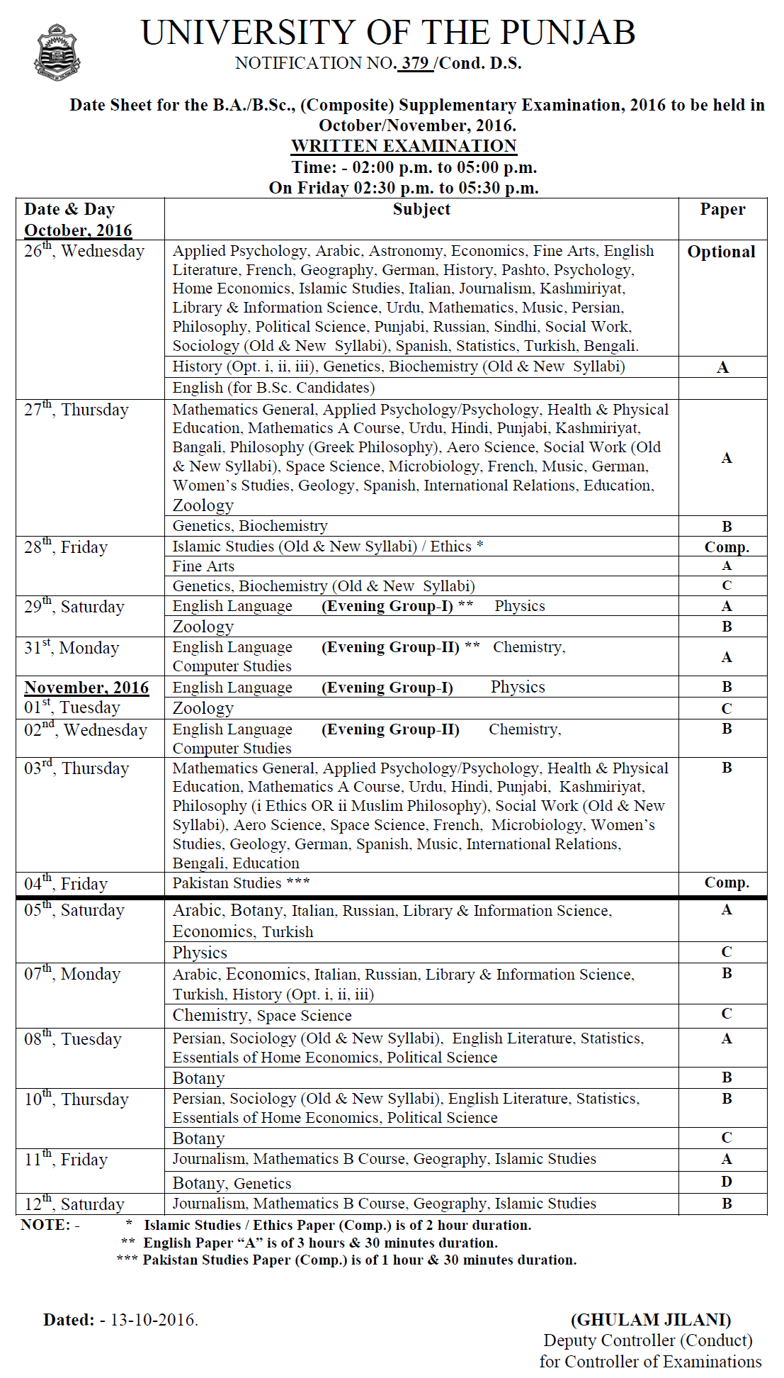 ba punjab university supplementary date sheet 2018