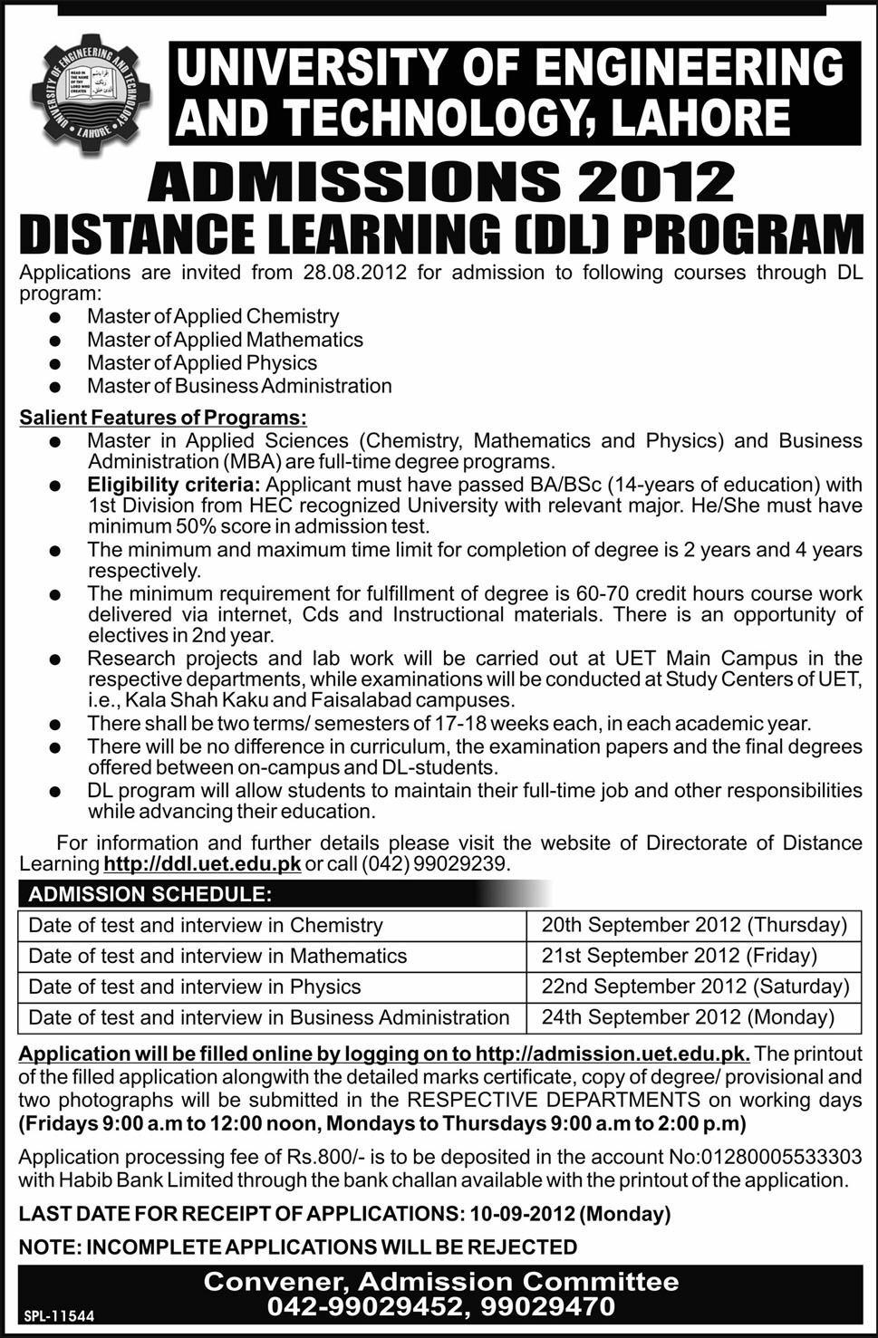 Distance Learning(Dl) Program Uet Lahore Admissions 2012