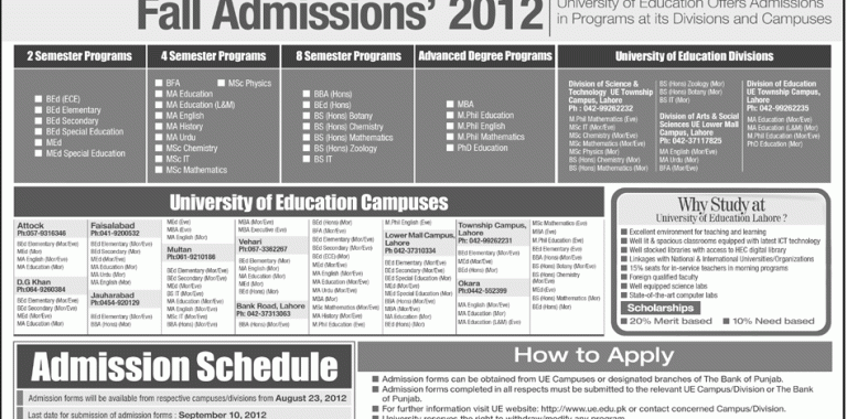 University Of Education(UOE) Fall Admission 2012