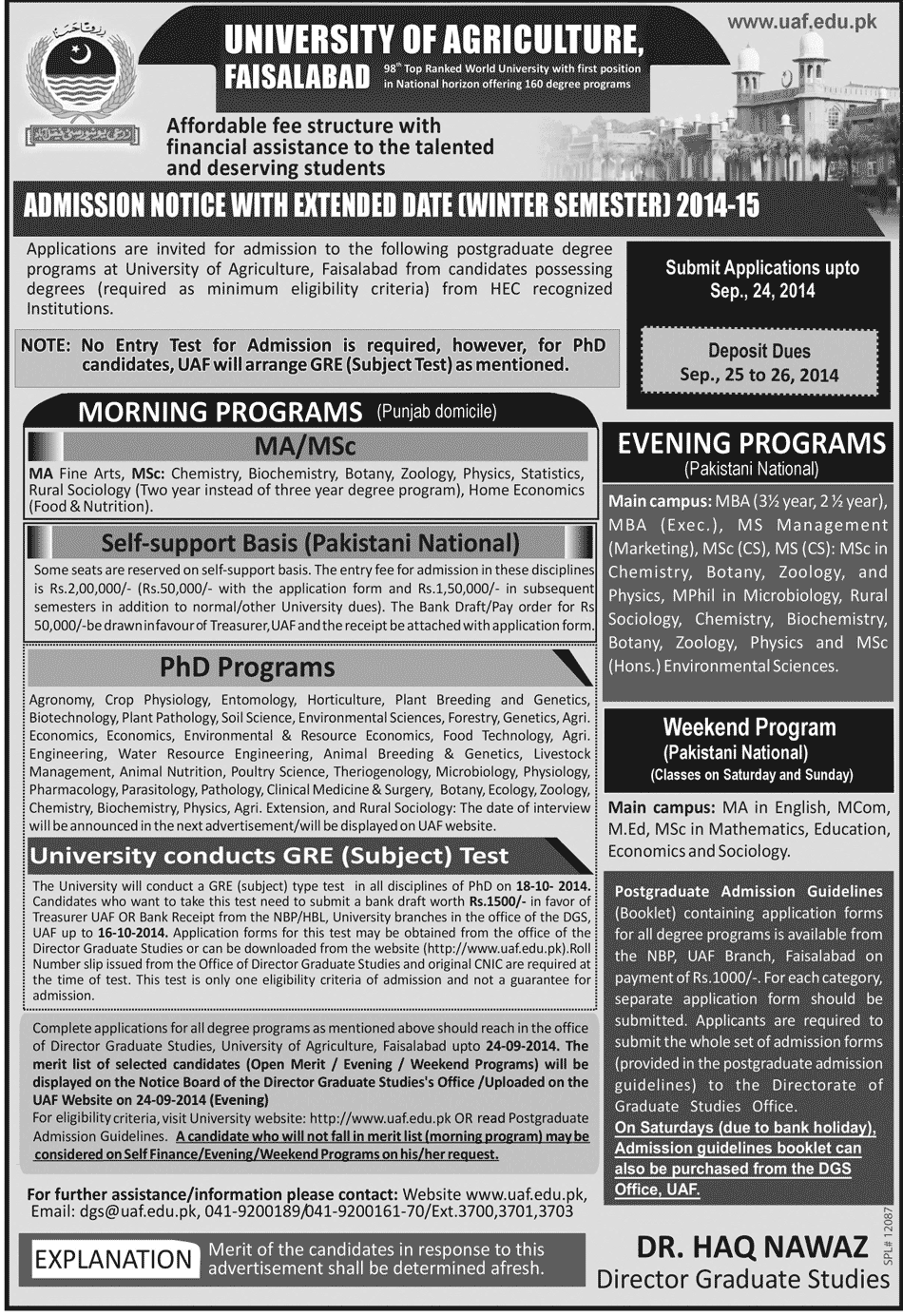 University Of Agriculture Faisalabad Evening Admissions 2014