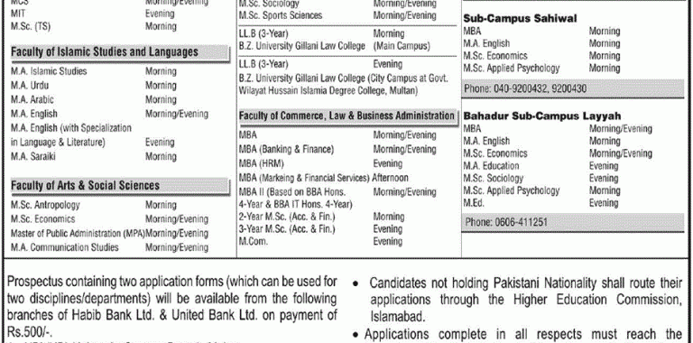 Bahauddin Zakariya University(BZU) Postgraduate Admissions 2012