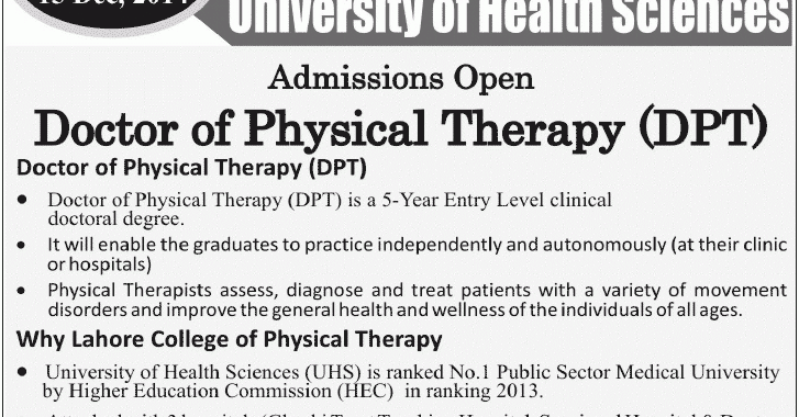 Lahore Doctor Of Physiotherapy (Dpt) Admission 2017