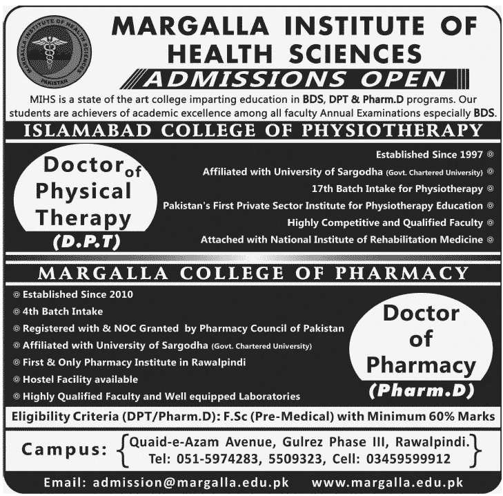 Margalla College Of Pharmacy Rawalpindi Pharm.d Admissions 2014
