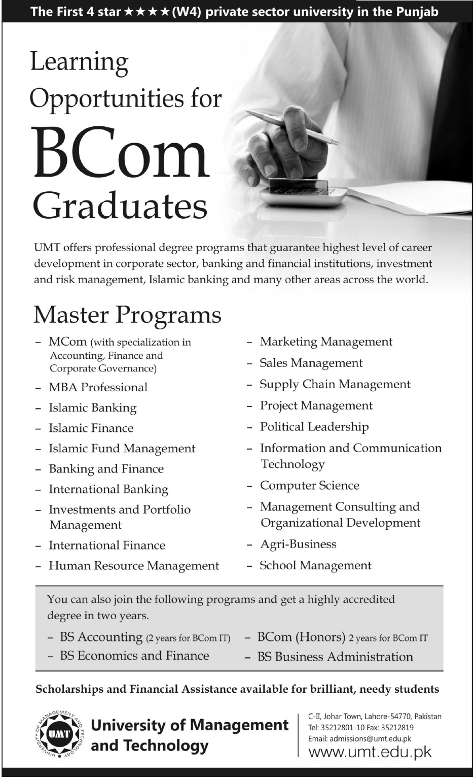 Umt Lahore Learning Opportunities For B.com Graduates 2012