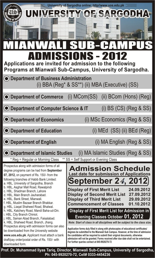 University Of Sargodha(Uos) Mianwali Campus Admissions 2012