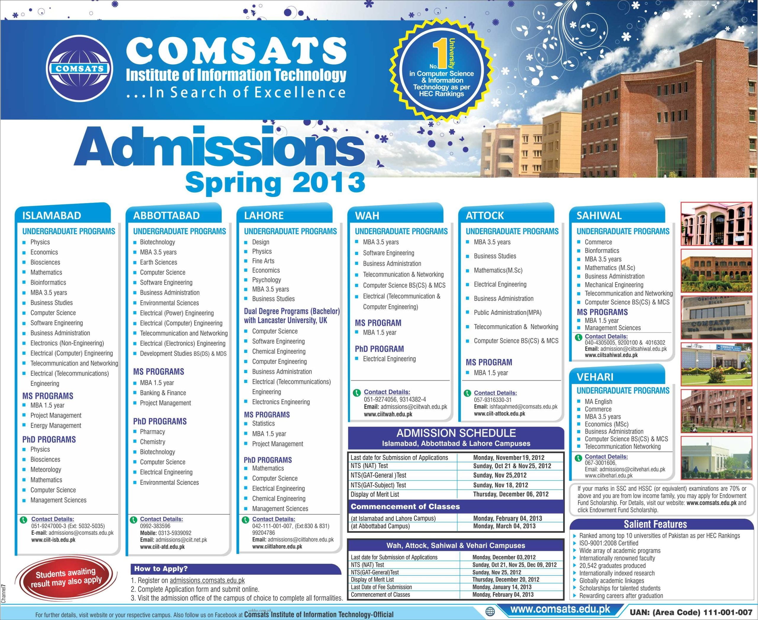 Comsats Institute Of Information Technology Spring Admissions 2013