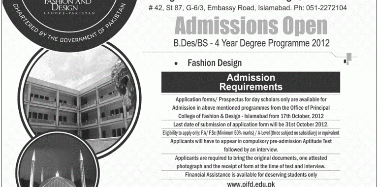 College of Fashion and Design Islamabad Admissions 2012