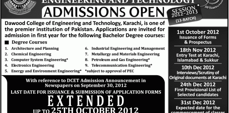 Dawood College of Engineering and Technology Admissions 2012