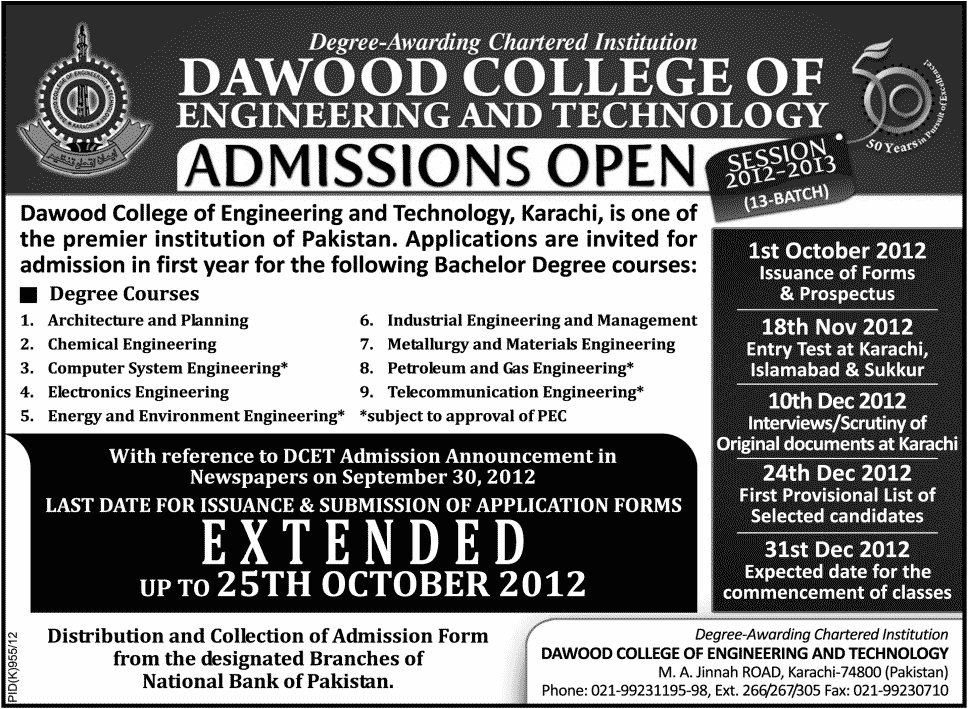 Dawood College of Engineering and Technology Admissions 2012