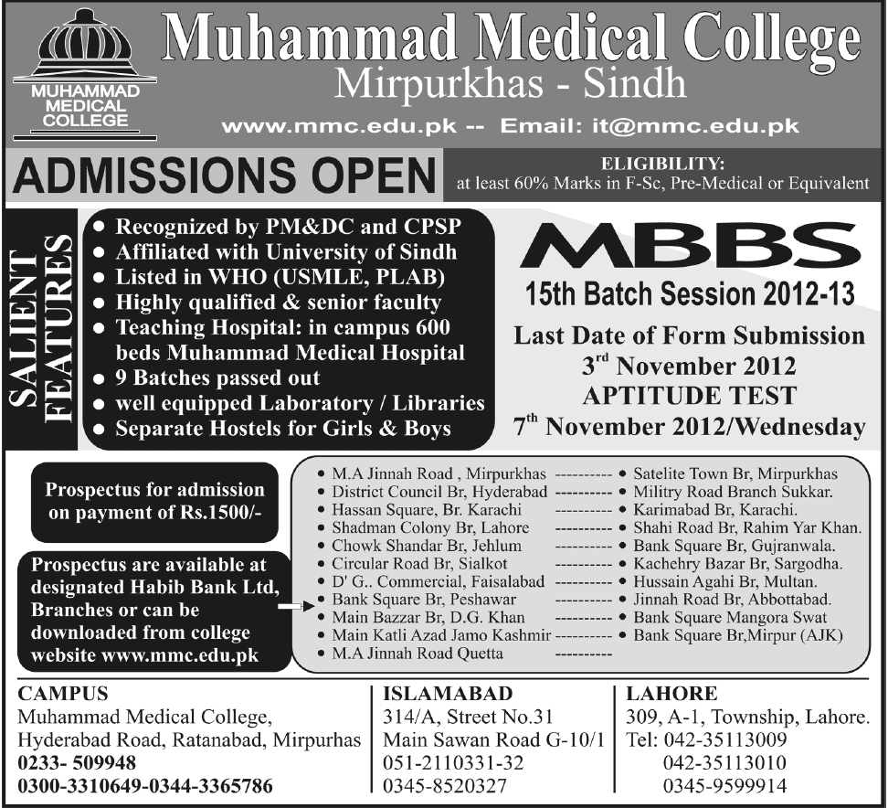 Muhammad Medical College Sindh MBBS Admissions 2012