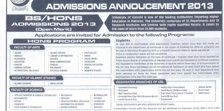 University of Karachi BS Hons Program Admissions 2013