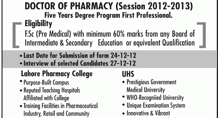 lahore pharmacy college lahore admissions 2013