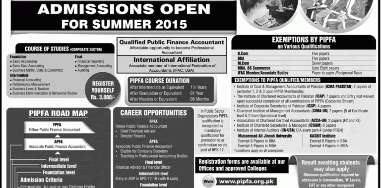 PIPFA Admission 2015 for Summer Session