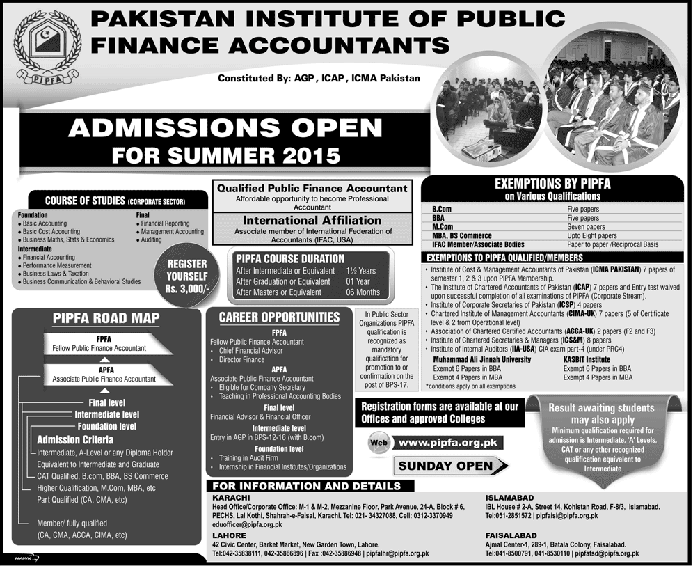 PIPFA Admission 2015 for Summer Session