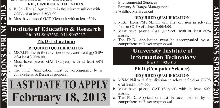 ARID Agriculture University Rawalpindi Admissions 2013