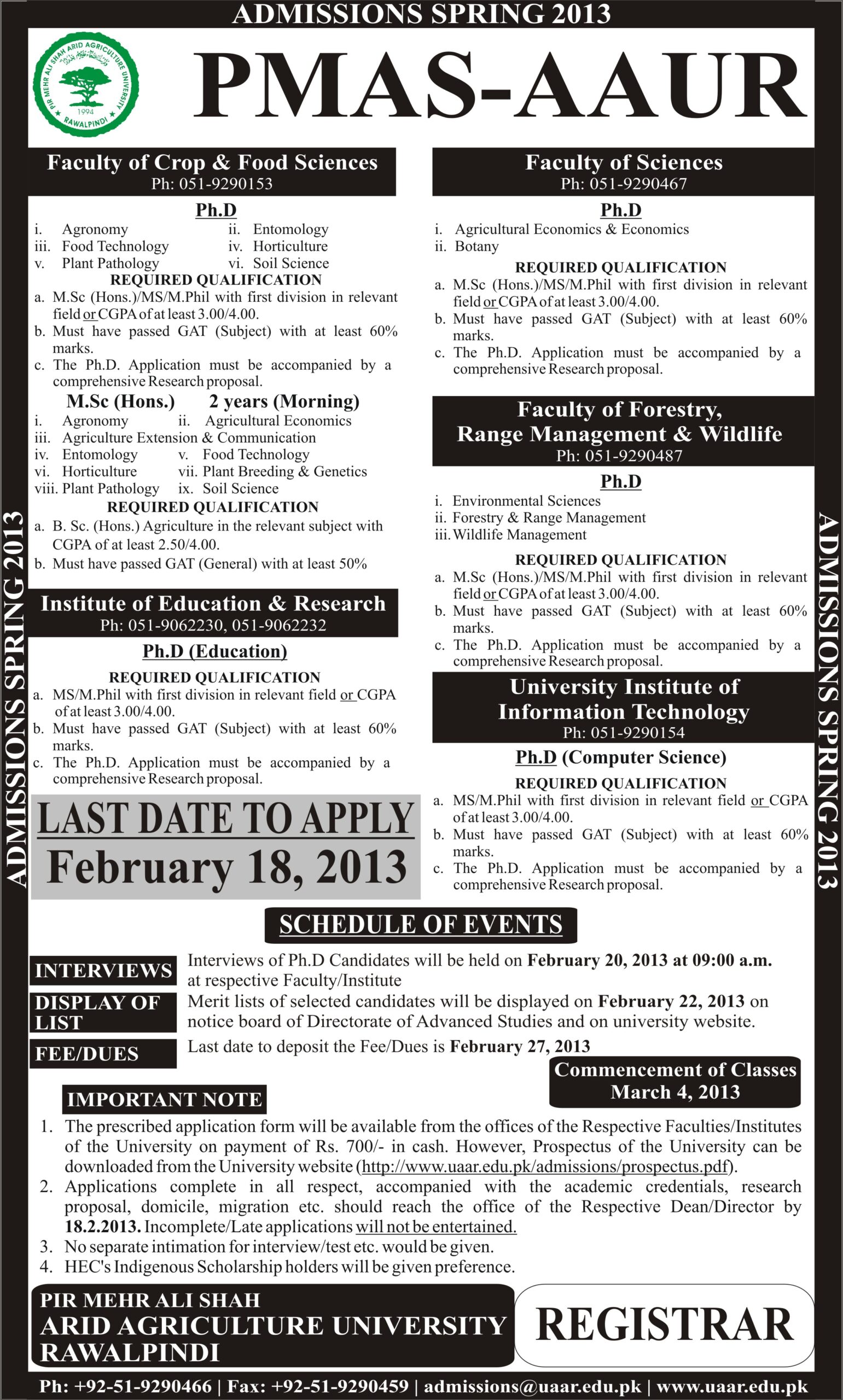 Arid Agriculture University Rawalpindi Admissions 2013
