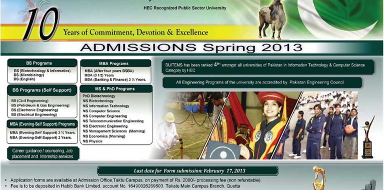 Balochistan University Of Information Technology Admissions Spring 2013