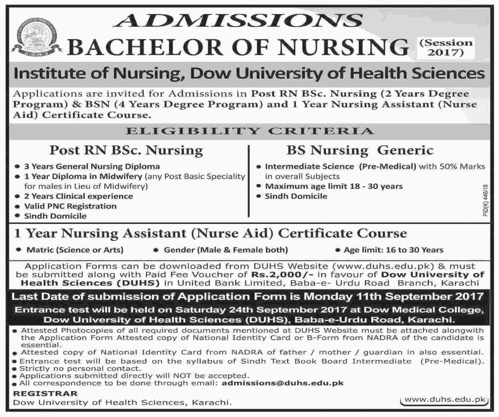 Dow University Of Health Sciences Karachi Admissions 2017