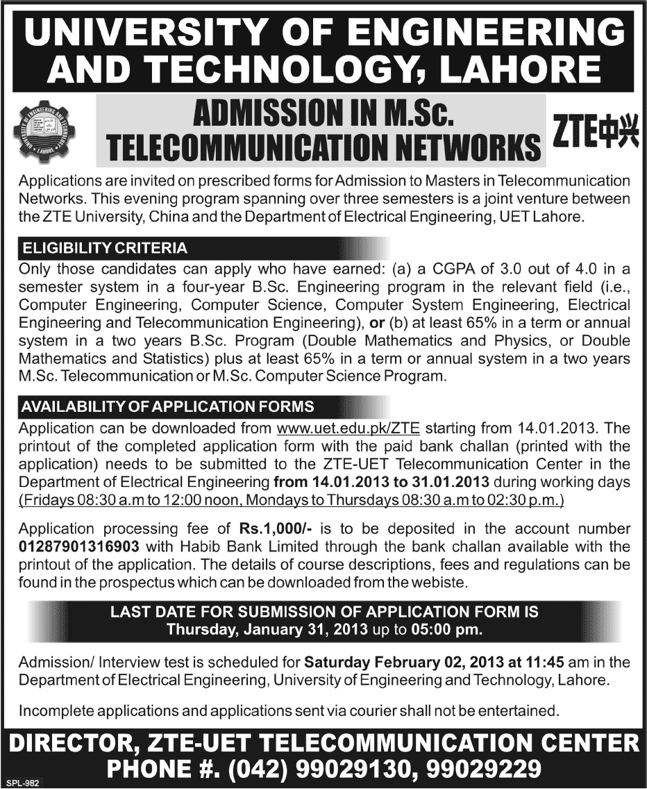 UET Lahore M.Sc Telecommunication Networks Admission 2013