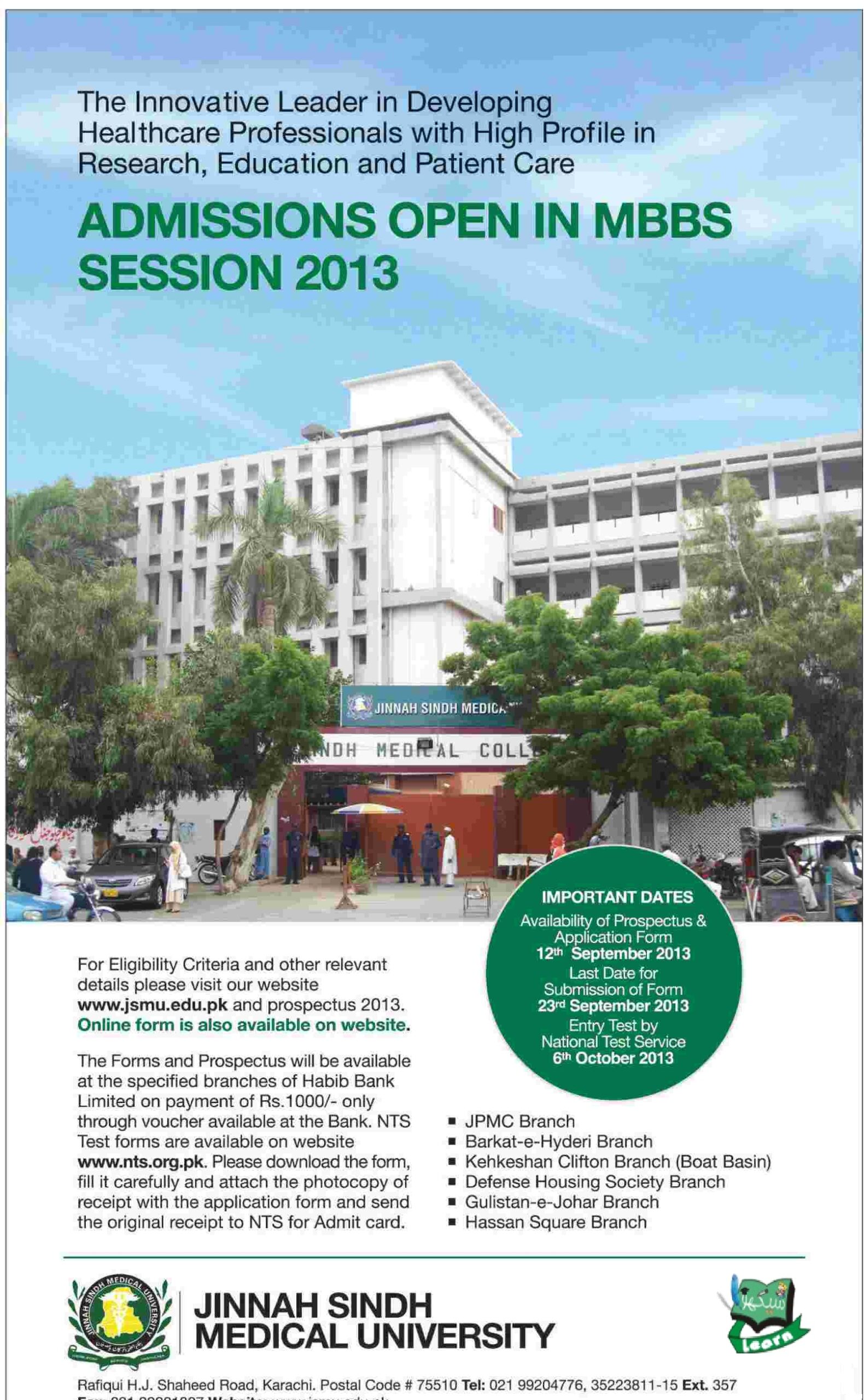 Jinnah Sindh Medical University Karachi Mbbs Admission 2013