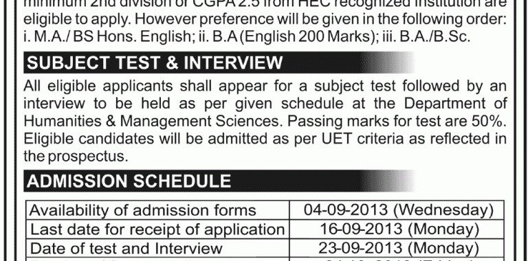 MA English Language Teaching Program UET Lahore Admission 2013