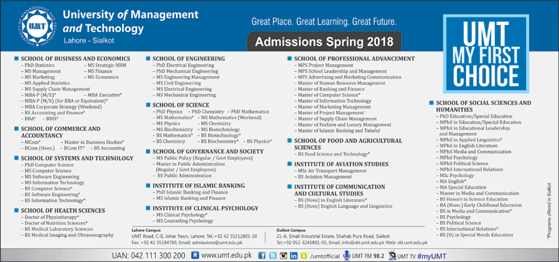 University Of Management And Technology Lahore Admission Notice