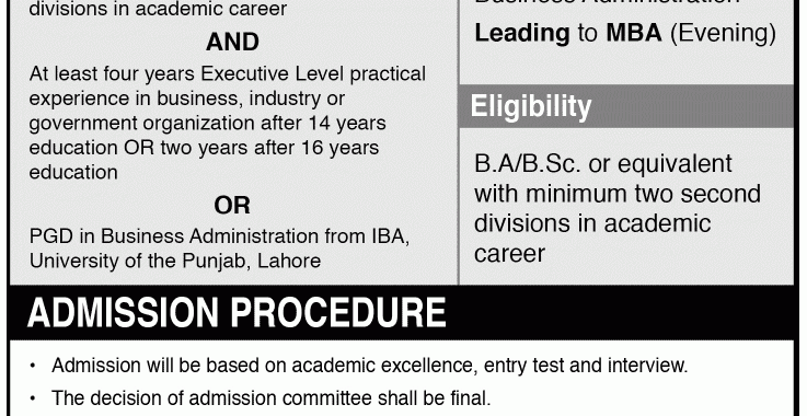 Punjab University IBA Admissions 2015 MBA Evening