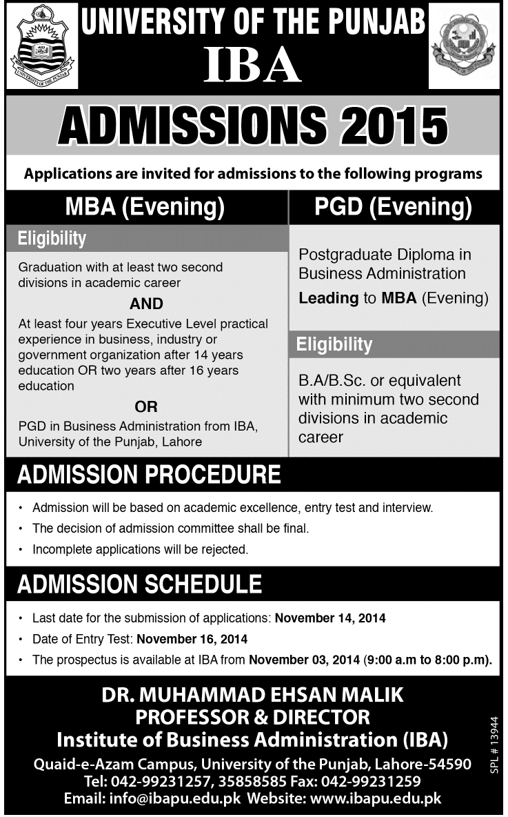 punjab-university-iba-admissions-2015-mba-evening