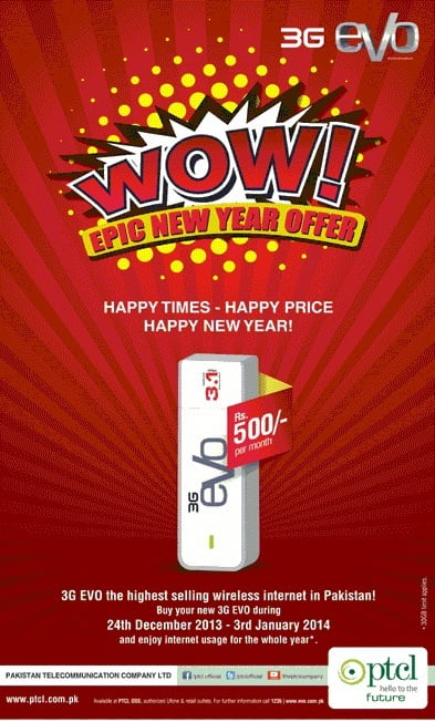 Ptcl 3G Evo 3.1 500/Month New Year Package 2014