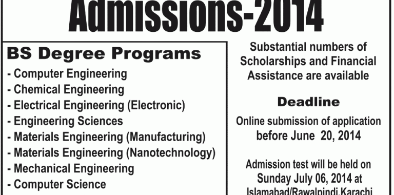 Giki Admission 2014 Undergraduate Form, Entry Test Date