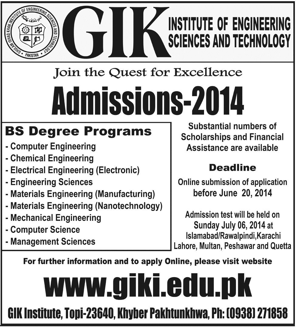 Giki Admission 2014 Undergraduate Form, Entry Test Date