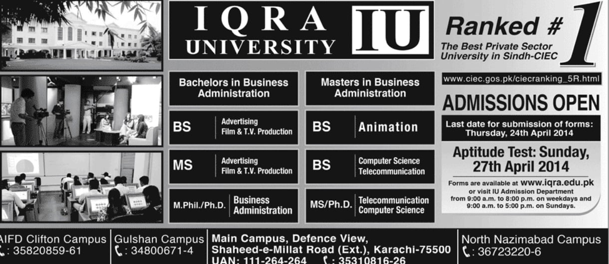 Iqra University Karachi Admission 2014 Test Result