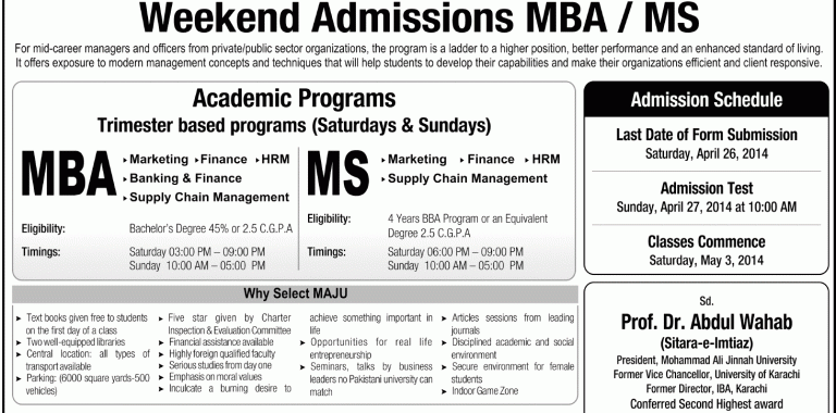 Mohammad Ali Jinnah University MAJU MBA, MS Admission 2014Mohammad Ali Jinnah University MAJU MBA, MS Admission 2014