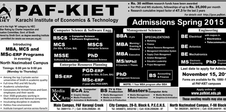 PAF KIET Spring Admissions 2015