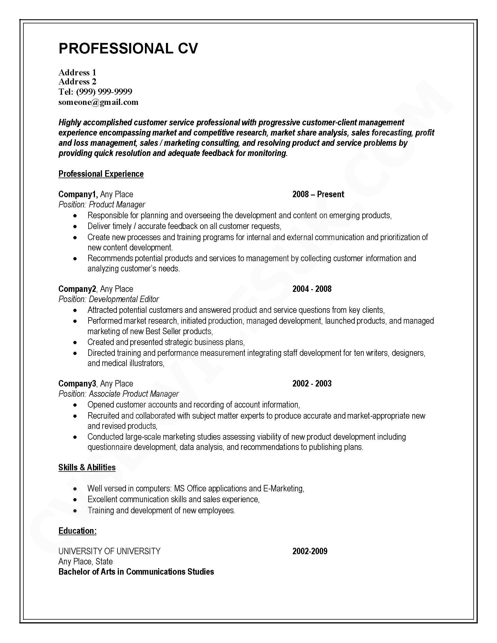 CV Format for Matric, Intermediate