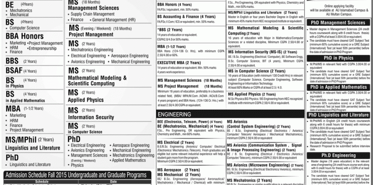 Air University Admission 2016 Online Form, Test Date Result