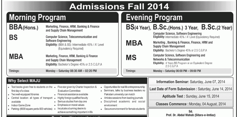 Muhammad Ali Jinnah University Karachi Admission 2014 form Last Date