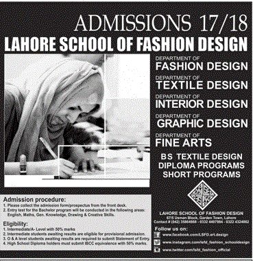Lahore School of Fashion Design Admissions 2017