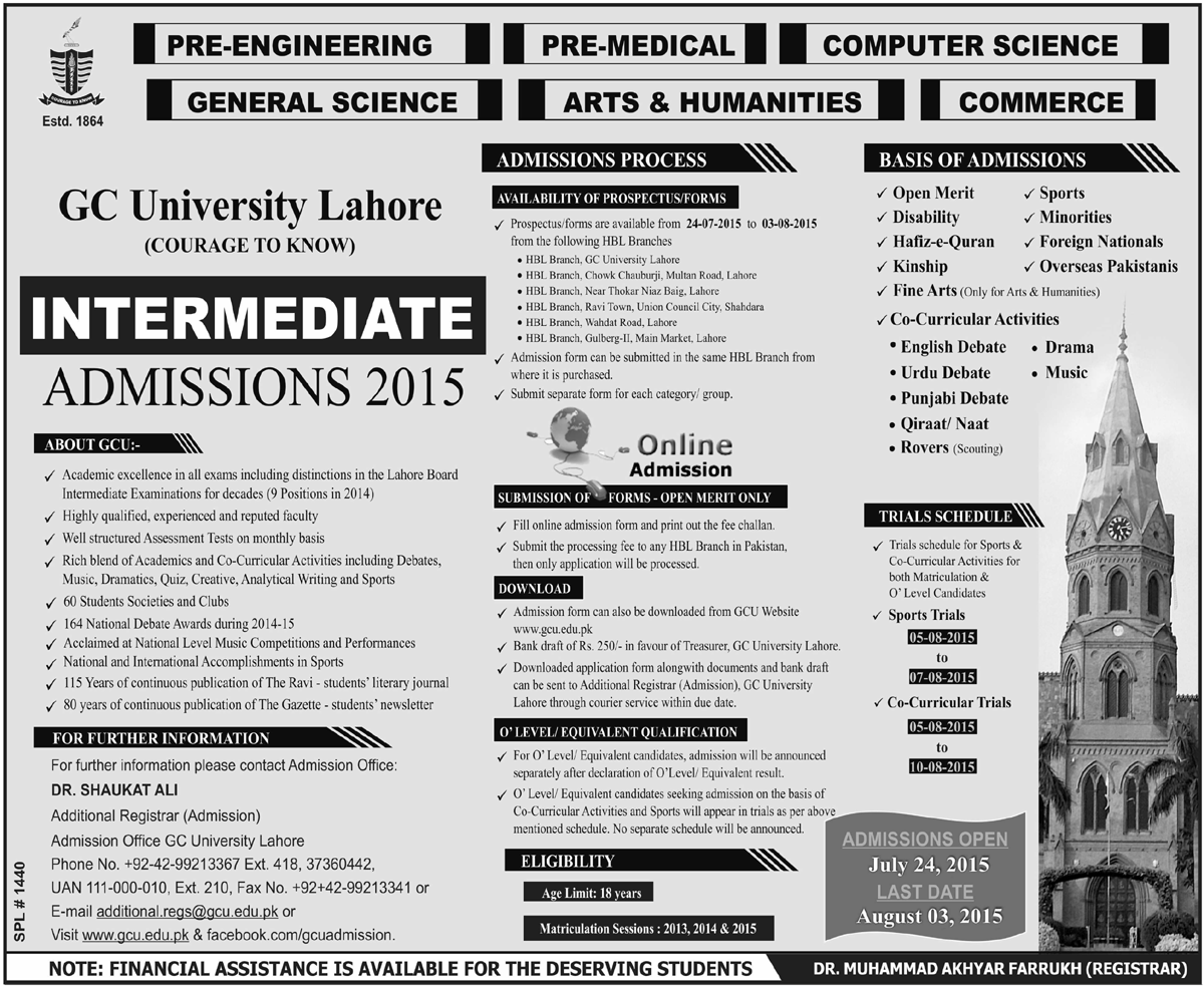 Gc University Lahore Intermediate Admission 2015