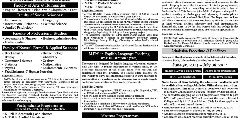 Kinnaird College NTS GAT Registration Form, Test Date And Result 2014