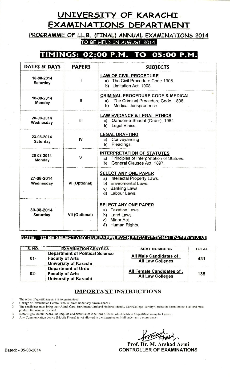 Karachi University Llb Final Annual Exams Date Sheet 2014