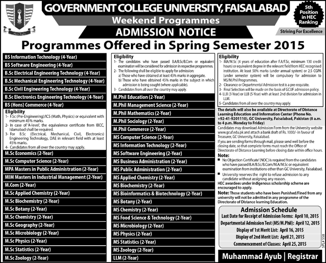 Gc University Faisalabad Admission 2015