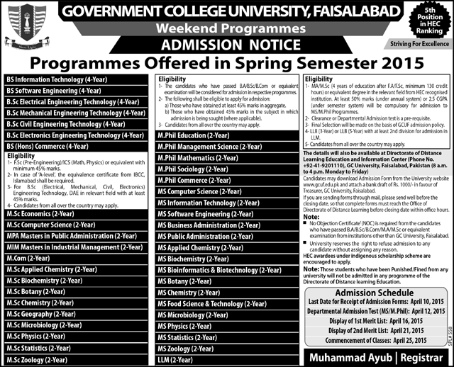 GC University Faisalabad Admission 2015