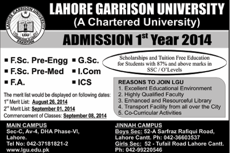 Lahore Garrison University 2014 Admission, Form, Last date, Merit List, Fee Details