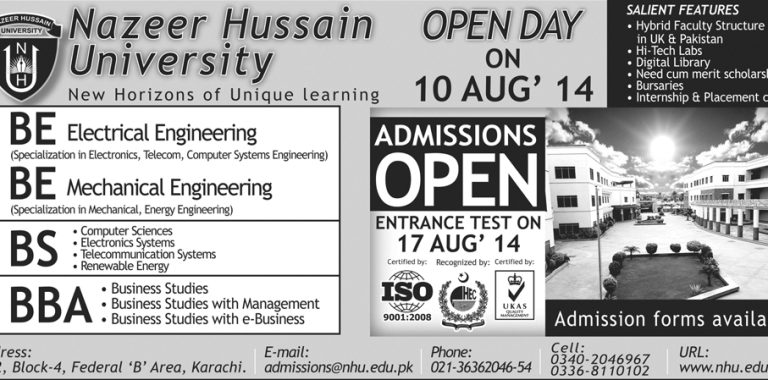 Nazeer Hussain University Karachi Admission 2014