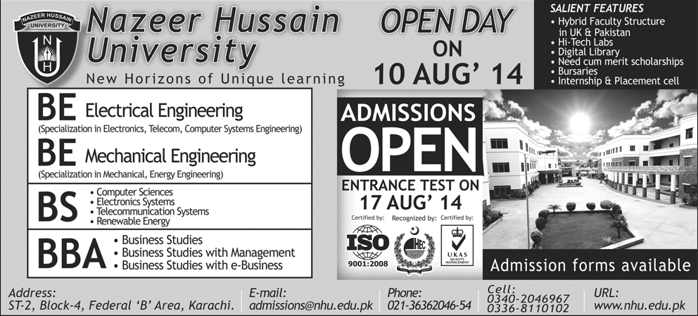 Nazeer Hussain University Karachi Admission 2014
