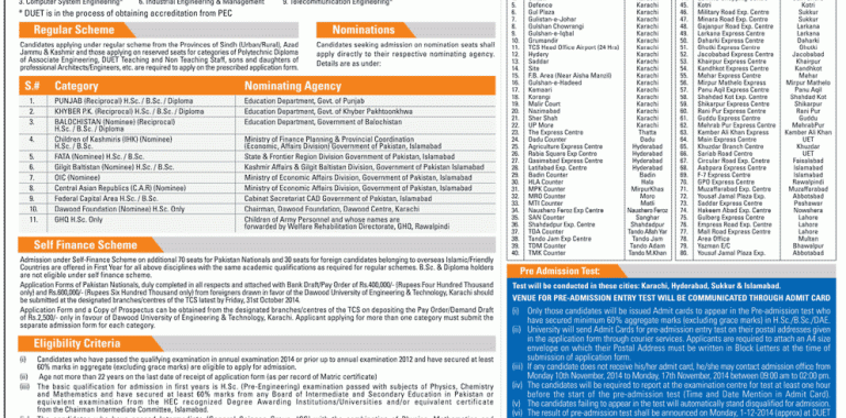 Dawood University of Engineering and Technology Admission 2014-15 Form