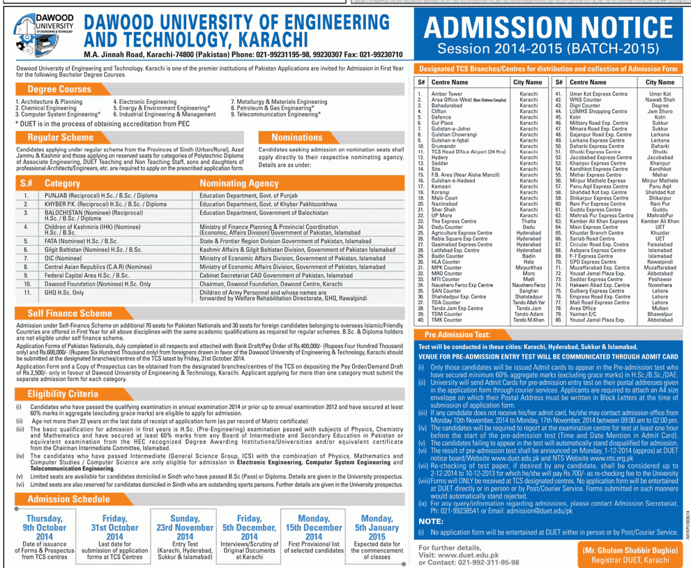 Dawood University of Engineering and Technology Admission 2015-16 Form