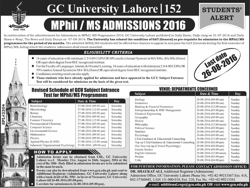 Gc University Lahore Ms  M.phil Admission 2016